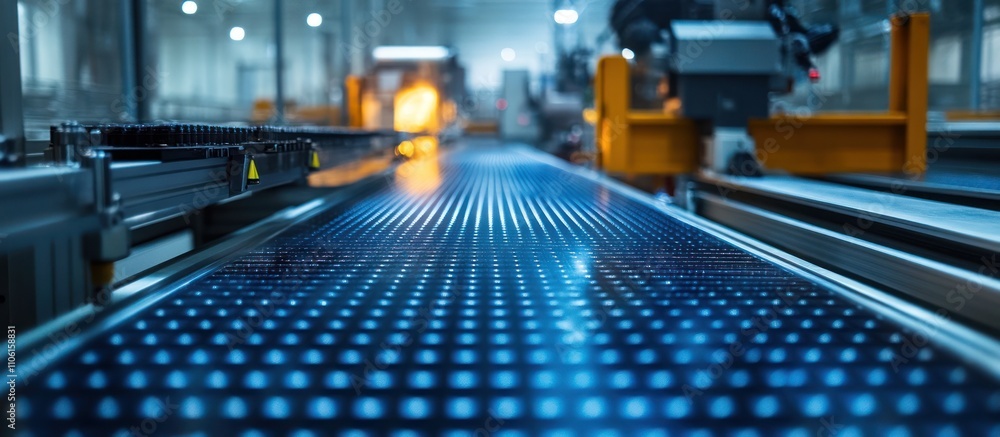 Poster close-up of a blue conveyor belt with a grid pattern, used in a factory for automated production.