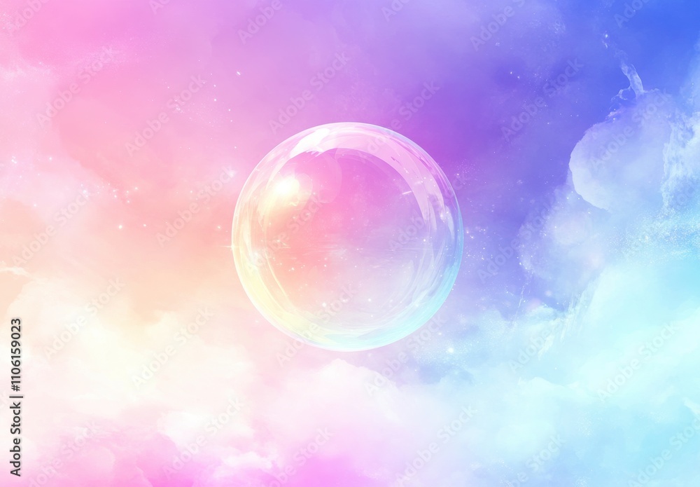 Poster ethereal bubble floating in a dreamy colorful sky with soft pastel clouds and abstract bright backgr