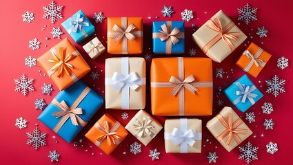 Christmas and happy new year sale baner, snowflakes and gift boxes, bright colors, 3D illustration.