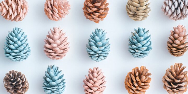 Pinecones painted in pastel hues, arranged artistically on a white background, giving a modern twist to holiday aesthetics