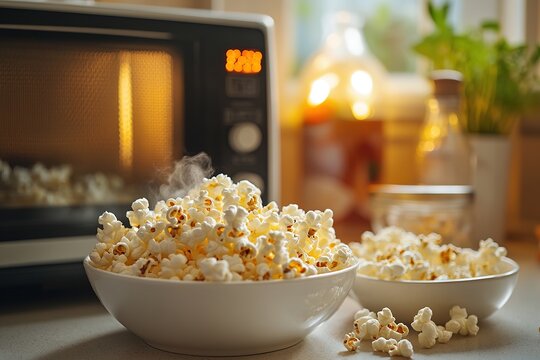 Bowl of freshly popped popcorn on a kitchen counter with a microwave in the background in soft natural lighting