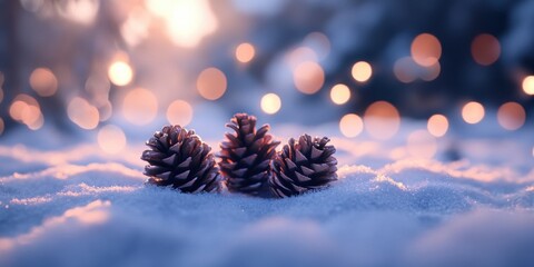 Pinecones resting on a soft blanket of snow, highlighted by a backdrop of warm, glowing New Yearâ€™s lights