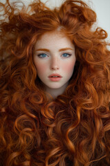 A photo of an extremely long, curly-haired woman with red hair, blue eyes, long eyelashes, and full lips.