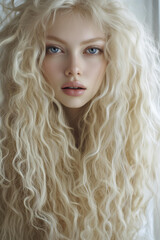 
A photo of an extremely long, curly-haired woman with rblonde hair, blue eyes, long eyelashes, and full lips.


