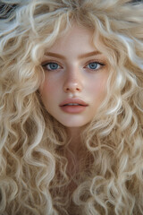 
A photo of an extremely long, curly-haired woman with rblonde hair, blue eyes, long eyelashes, and full lips.


