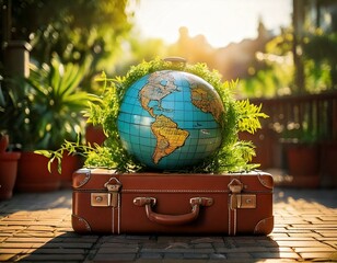 Globus aus Pflanzen auf einem Koffer – Nachhaltiges Reisen und Umweltschutz