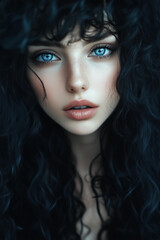 Fototapeta premium A photo of an extremely long, curly-haired woman with black hair, blue eyes, long eyelashes, and full lips.