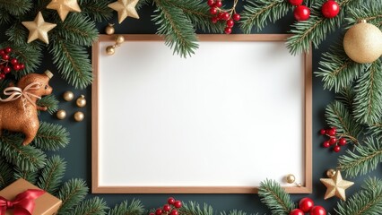 Festive Blank Frame Surrounded by Christmas Decorations and Greenery