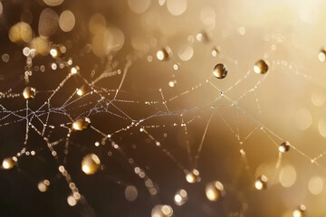 Abstract Golden Water Droplets on Web