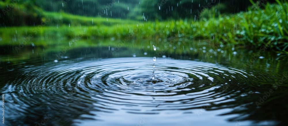 Poster rain drop creating ripples in a pond with green grass in the background.