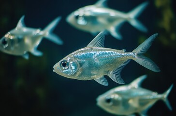 Naklejka premium Graceful School of Transparent Fish Gliding Through Clear Water in an Aquatic Environment, Showcasing Marine Life and Vibrant Underwater Colors
