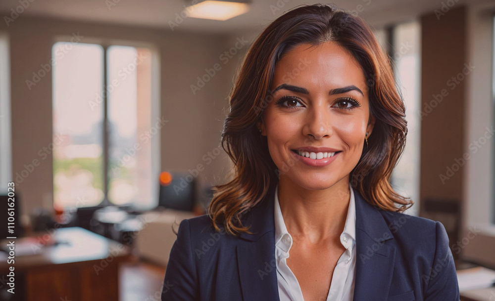 Poster woman is smiling and wearing a suit. she is standing in front of a window. there are two chairs in t