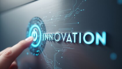 A close-up shot captures a hand poised to touch a glowing blue "INNOVATION" sign on a sleek, high-tech interface. The intricate digital patterns surrounding the text evoke a sense of advanced