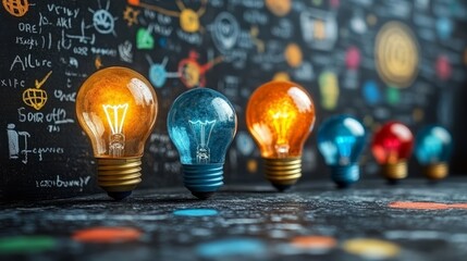 Colorful light bulbs glow beside a blackboard of creative ideas, sparking imagination and innovation in the workspace