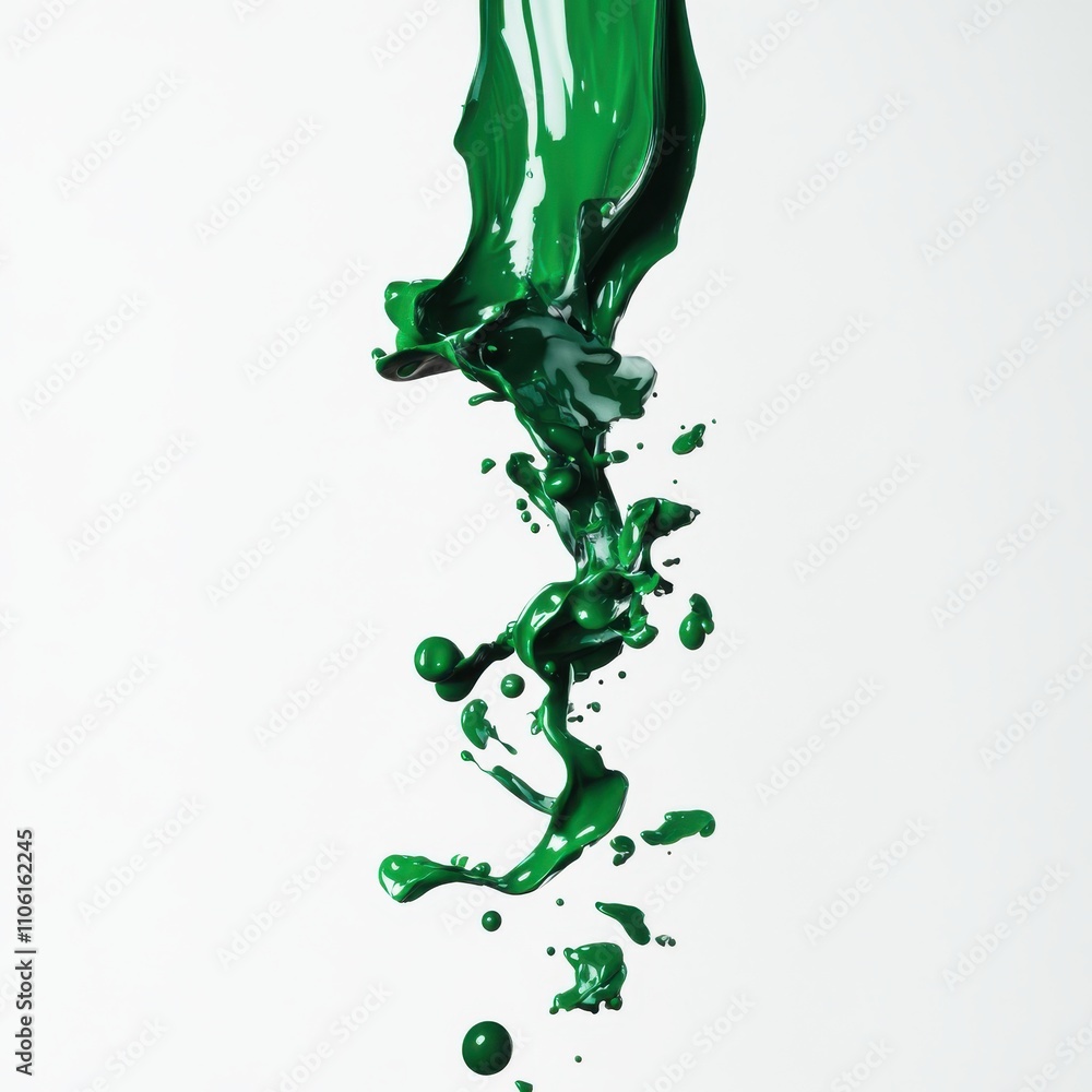 Poster liquid green paint splashing dynamically against a clean white backdrop with vivid droplets in mid-a