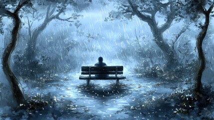 Obraz premium A solitary figure sits on a bench in a rain-soaked, atmospheric park scene.