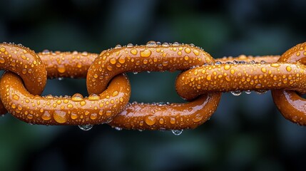 Close-up of a wet orange chain link with water droplets