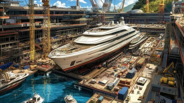 An impressive luxury yacht takes shape in a vibrant shipyard, surrounded by busy workers and various vessels, under a bright blue sky