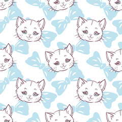 Hand drawn kids seamless pattern featuring cute kittens and blue bows on a white background vector illustration