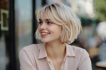 
photo of the most popular and trendy bob bangs hairstyle, with natural blonde color, slightly...