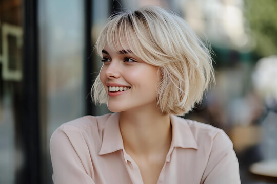 
photo of the most popular and trendy bob bangs hairstyle, with natural blonde color, slightly tousled on one side and short at neck level, and styled in an elegant way.  