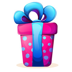 Holiday present box with large идгу bow. Gift box in зштл paper with ribbon on white background. Cartoon vector illustration of Christmas, anniversary, birthday, valentines, wedding gift box 