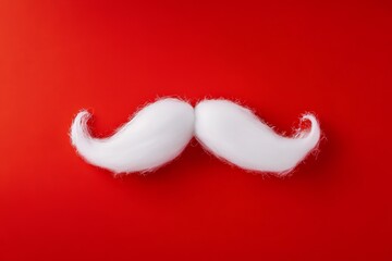 A whimsical mustache crafted from fluffy white fibers resting against a bold red background, evoking playful cheerfulness