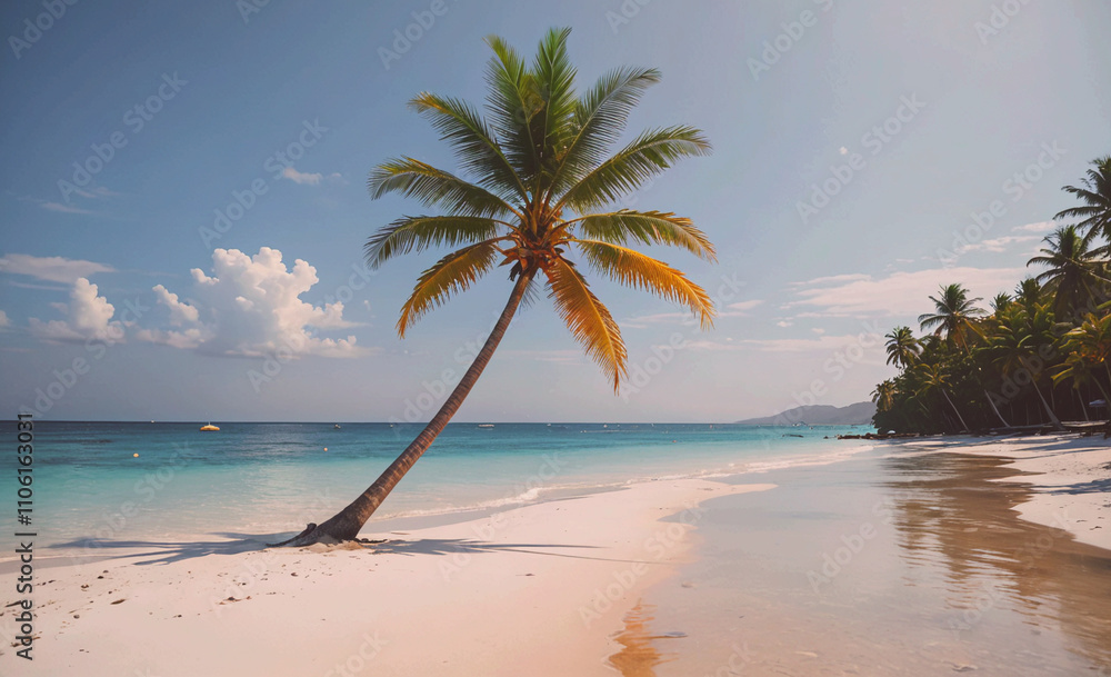 Poster Palm tree is standing on a beach. The palm tree is tall and has a trunk. The beach is sandy and has a clear blue ocean