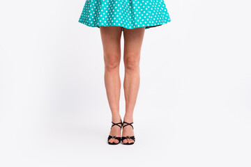 Cropped photo of lovely lady legs shoes posing model high heels dressed teal retro style polka dot...