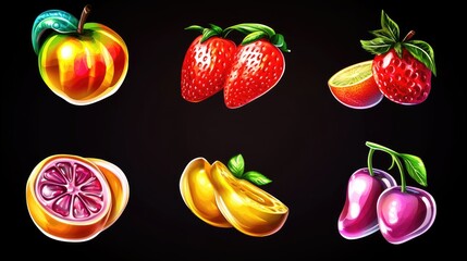 Naklejka premium Vibrant Casino Slot Game Fruits Icon Set for Modern Gambling Design