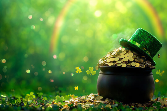 traditional st patrick day cauldron full of golden coins, rainbow behind, green beer, leprechaun hat , blurred confetti flying around, isolated on a green background