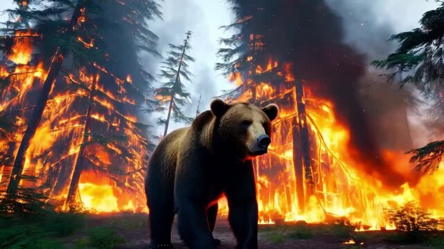 Bear on a background of burning forest. Wild animal in the midst of fire and smoke