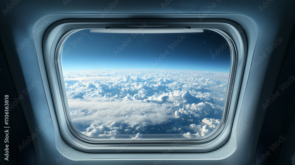 Poster Scenic view of clouds and earth from a spaceship window in space, with distant stars in sight