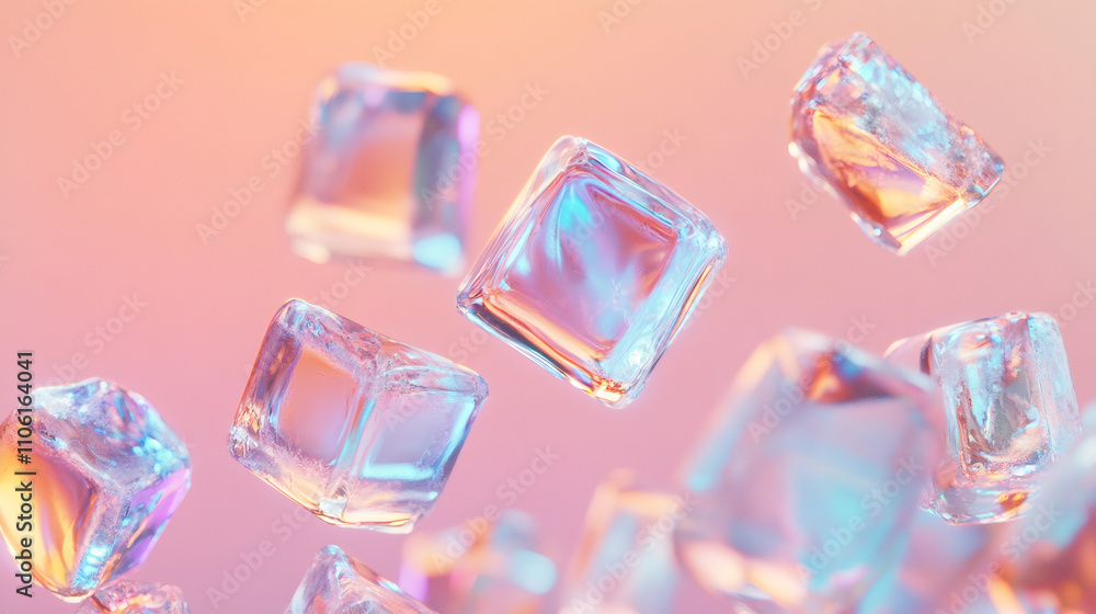 Fototapete Ice cubes float on a soft pink backdrop, creating a visually refreshing and cool scene