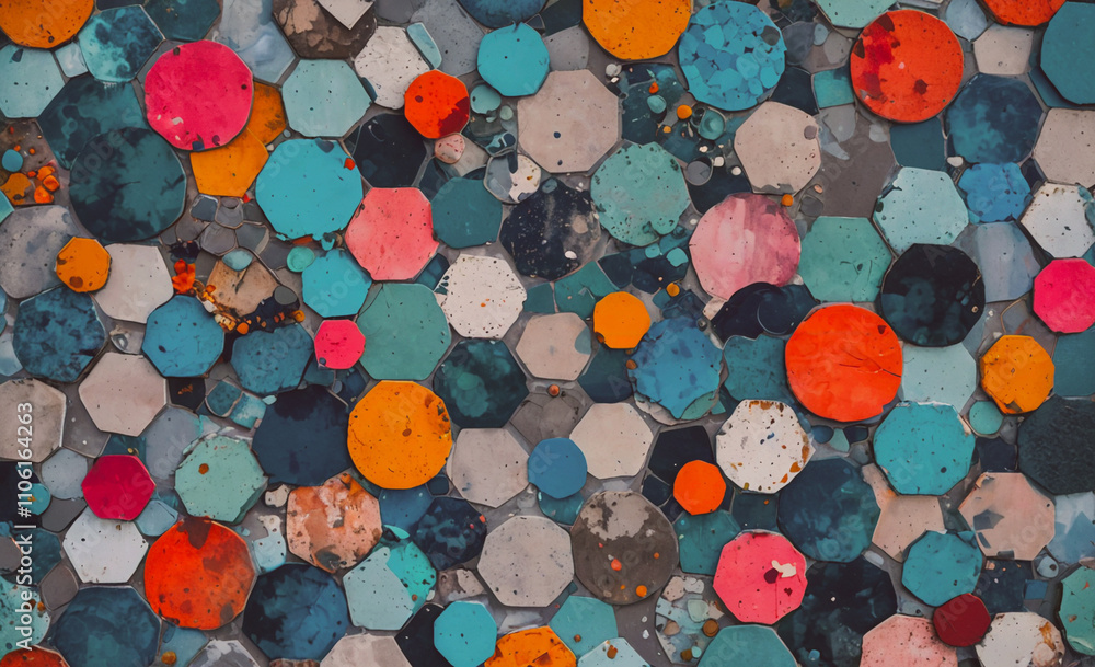 Poster wall with many different colored circles. some are blue, some are red, and some are white