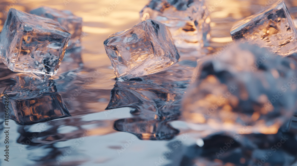 Poster crystal-clear ice cubes melting on a reflective surface, bathed in a warm, golden light, creating a 