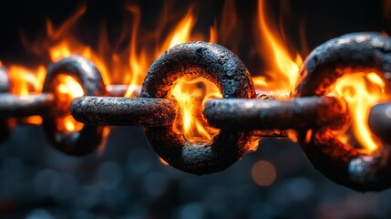 Burning chains glowing in the darkness with intense orange flames