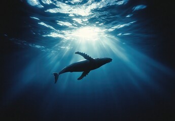 Fototapeta premium Majestic Underwater Scene of a Whale Silhouetted Against Sunlight Shining Through the Ocean Waves, Capturing the Tranquility of Marine Life in Deep Blue Waters