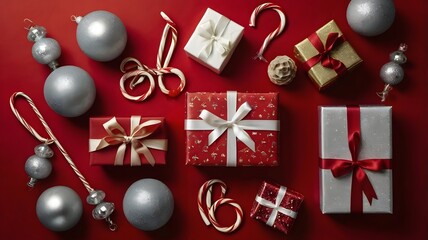 Christmas presents wrapped with elegant ribbons, surrounded by sparkling baubles, candy canes, and festive decorations, set on a vibrant red backdrop to radiate holiday cheer.