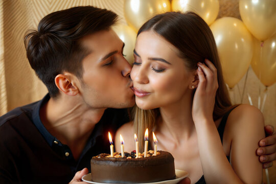 Intimate birthday kiss surprise, сouple celebrating with chocolate cake