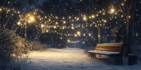 Snowy park illuminated with fairy lights, a serene bench surrounded by sparkling frost