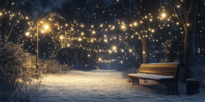 Snowy park illuminated with fairy lights, a serene bench surrounded by sparkling frost