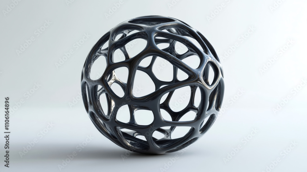 Poster minimalist white background with interconnected network and a black spherical structure, symbolizing