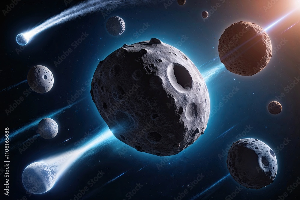 Poster collection of isolated flying asteroids and comets in space background