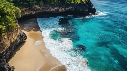 Naklejka premium Serene Tropical Beach with Crystal Clear Waters and Gentle Waves, Surrounded by Lush Green Cliffs and Scenic Rocky Outcrops for Ultimate Relaxation