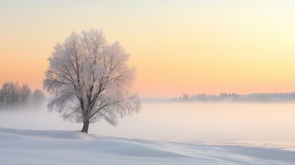 A winter tree by the river at dawn with mist in the background