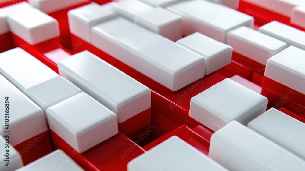 Poster geometric white blocks on a vibrant red background create a striking 3d pattern, ai