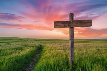 In a calm setting with verdant fields all about, a wooden signpost stands under colorful sunset sky, Generative AI.