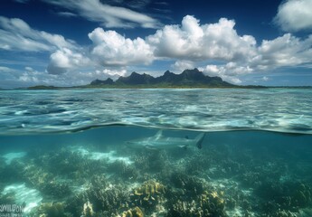 Serene Underwater Scene Featuring Shark Swimming in Clear Lagoon with Lush Coral Reef and Dramatic Mountains in Background Under Expansive Cloudy Sky