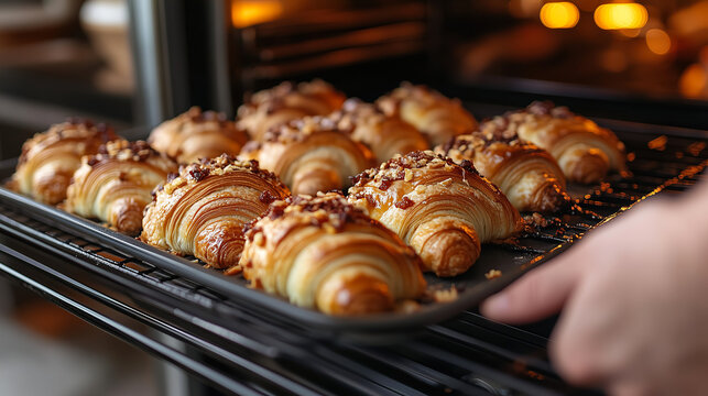 Freshly baked croissants coming out of the oven in a bakery during the morning rush hours. Generative AI
